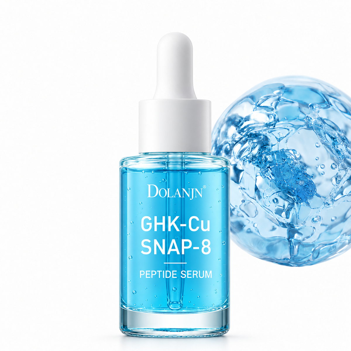 Sérum DOLANJN GHK-Cu SNAP-8 junto a una esfera molecular